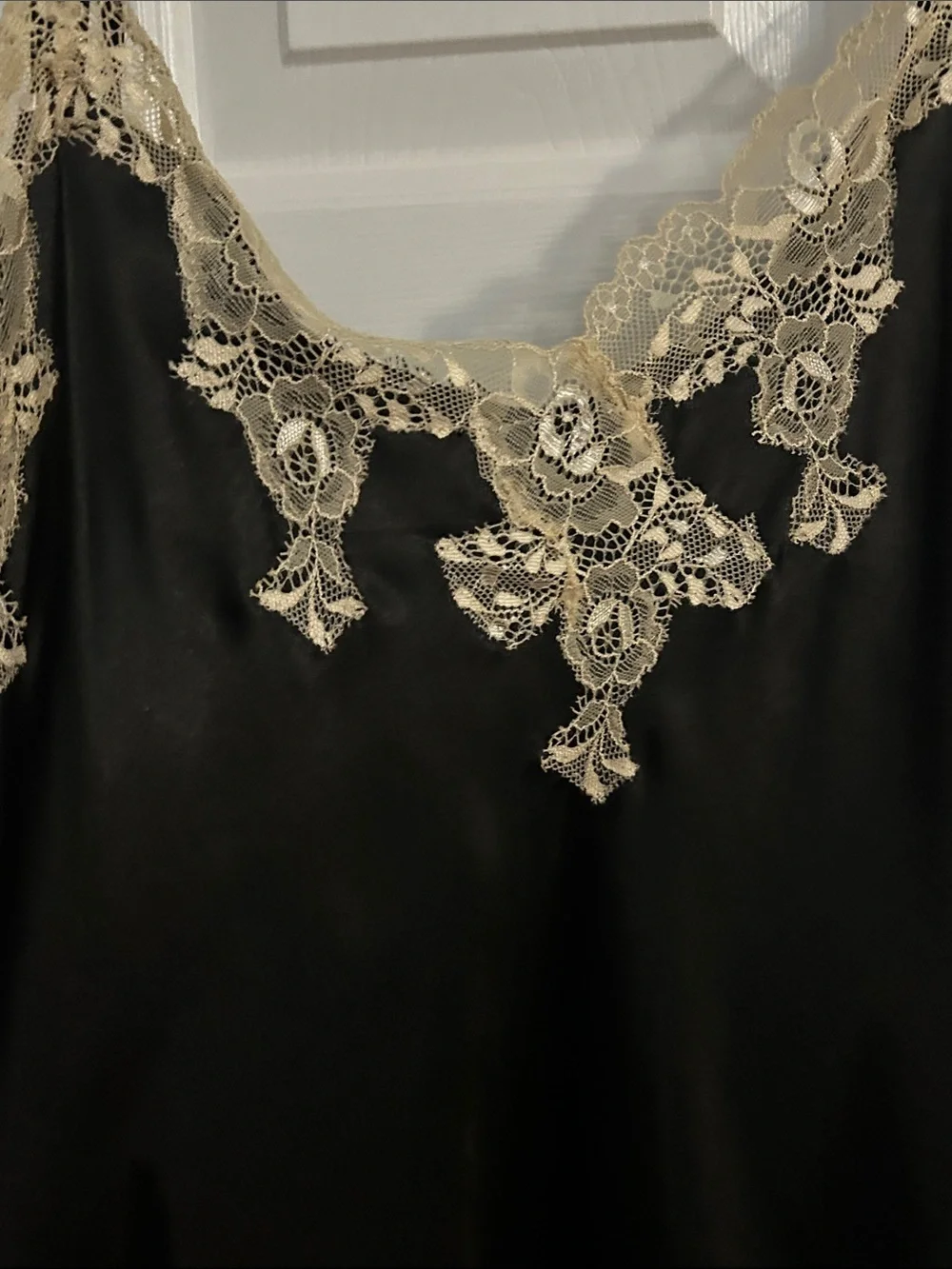 Jones New York Black Satin Chemise with Champagne Lace Trim